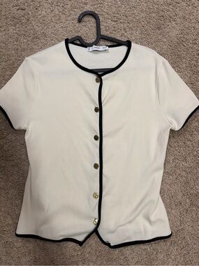 Mango Cream Short Sleeve Cardigan with Black Trim